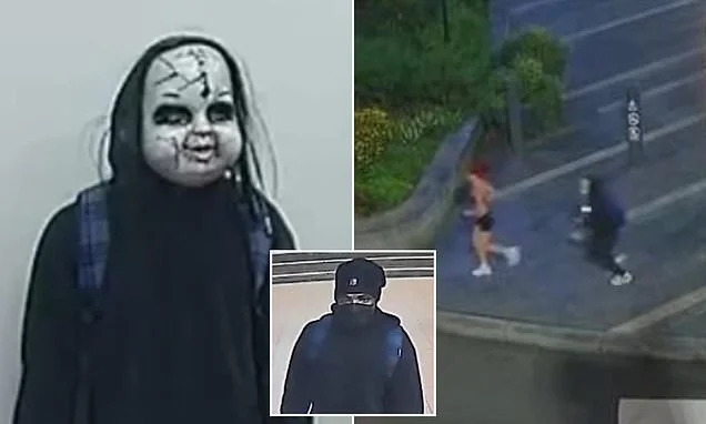 Lone female jogger suffered every woman's worst nightmare after man in CHUCKY mask began chasing her at speed through quiet city streets