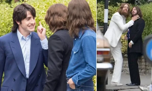 Beatles biopic filming hints at tensions within the band as 'John Lennon strangles Ringo Starr' and Paul Mescal looks unrecognisable as he gets into a heated row as Macca