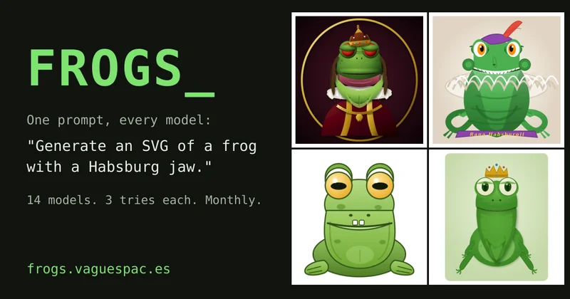 My personal AI benchmark: "Generate an SVG of a frog with a Habsburg jaw."