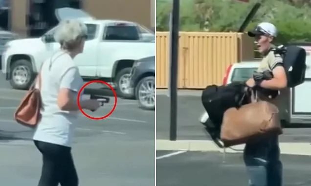 Moment Arizona grandmother pulls a GUN on alleged shoplifter while confronting him during tense parking lot standoff