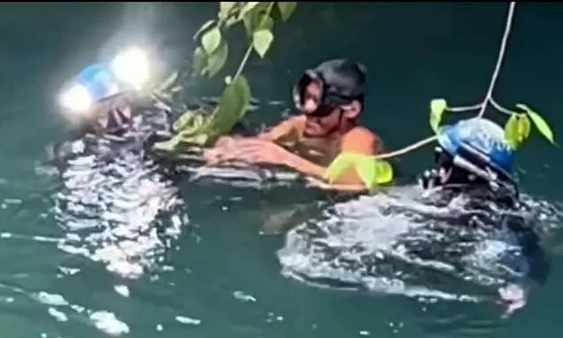 Moment fisherman, 31, is rescued alive after 15 days trapped in an underwater cave