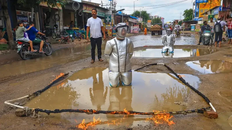 'Astronauts' land on road craters: Over 100 Jaipur residents stage unique protest