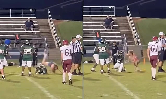 Shocking moment 16-year-old girl storms field and tackles middle school football player... before being hit with assault charges and lifetime ban