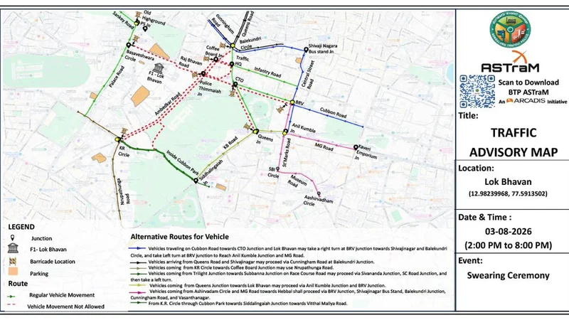 Traffic advisory in Bengaluru during induction of new ministers at Lok Bhavan