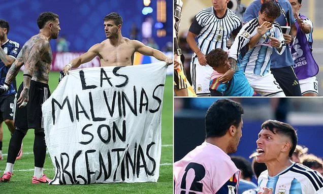 Two Argentina stars are banned for total of SEVENTEEN MATCHES over World Cup final brawl - but escape serious punishment for Falklands banner against England