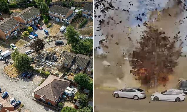 Bungalow explodes in massive 'gas explosion' with bricks and debris flying everywhere - as man is injured and homes evacuated