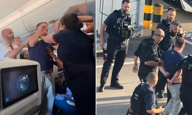 Moment raging British Airways passenger is restrained by brave female flight attendant after trying to attack other travellers - before being escorted off plane by armed police