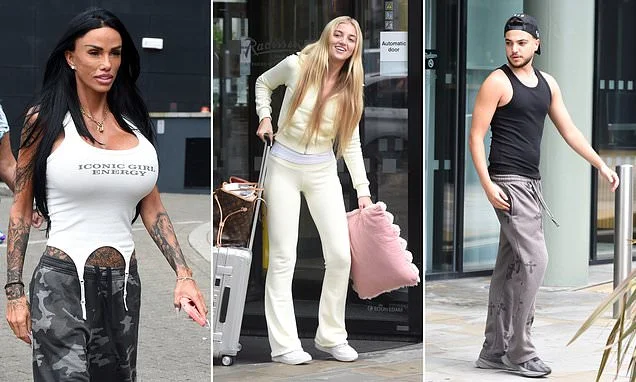 Katie Price models a tight white 'Iconic Girl Energy' top as she leaves £60-a-night budget hotel in Manchester supported by children Princess and Junior