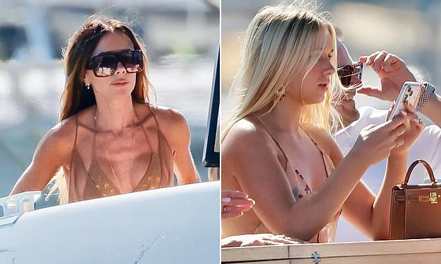 Victoria Beckham, 52, looks incredible in a taupe bikini as she joins stylish daughter Harper onboard their £16M yacht in St Tropez - as tensions rumble on with estranged Brooklyn