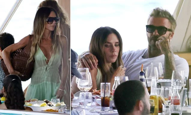 Victoria Beckham shows off her bikini under sheer mint green dress as shares sweet PDA with husband David on her during family dinner in Italy