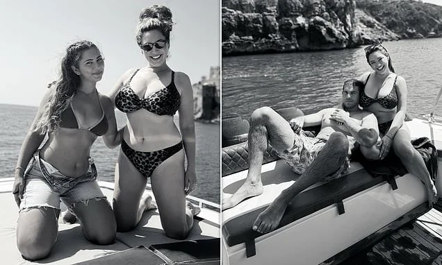 Kelly Brook shows off her curves in sexy swimwear as she poses with her shirtless husband Jeremy Parisi and his cousin on holiday