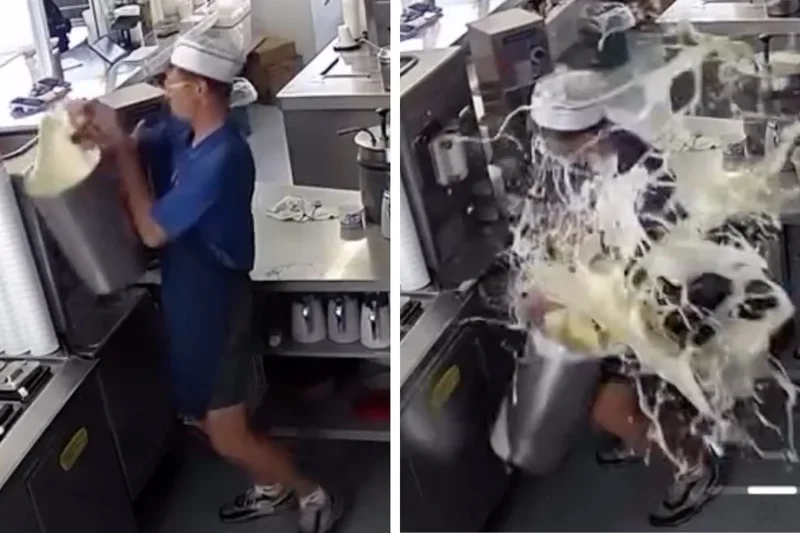 Frozen custard employee drops vat of shake mix in spectacular spill