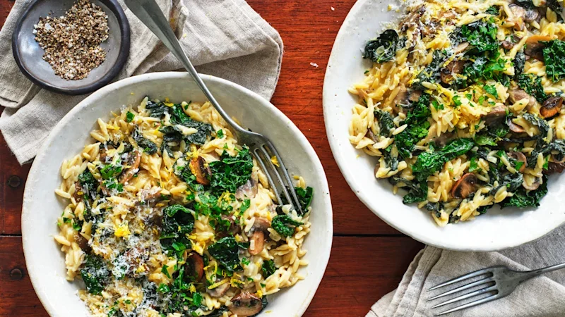 One-pan creamy mushroom, kale and Dijon mustard risoni